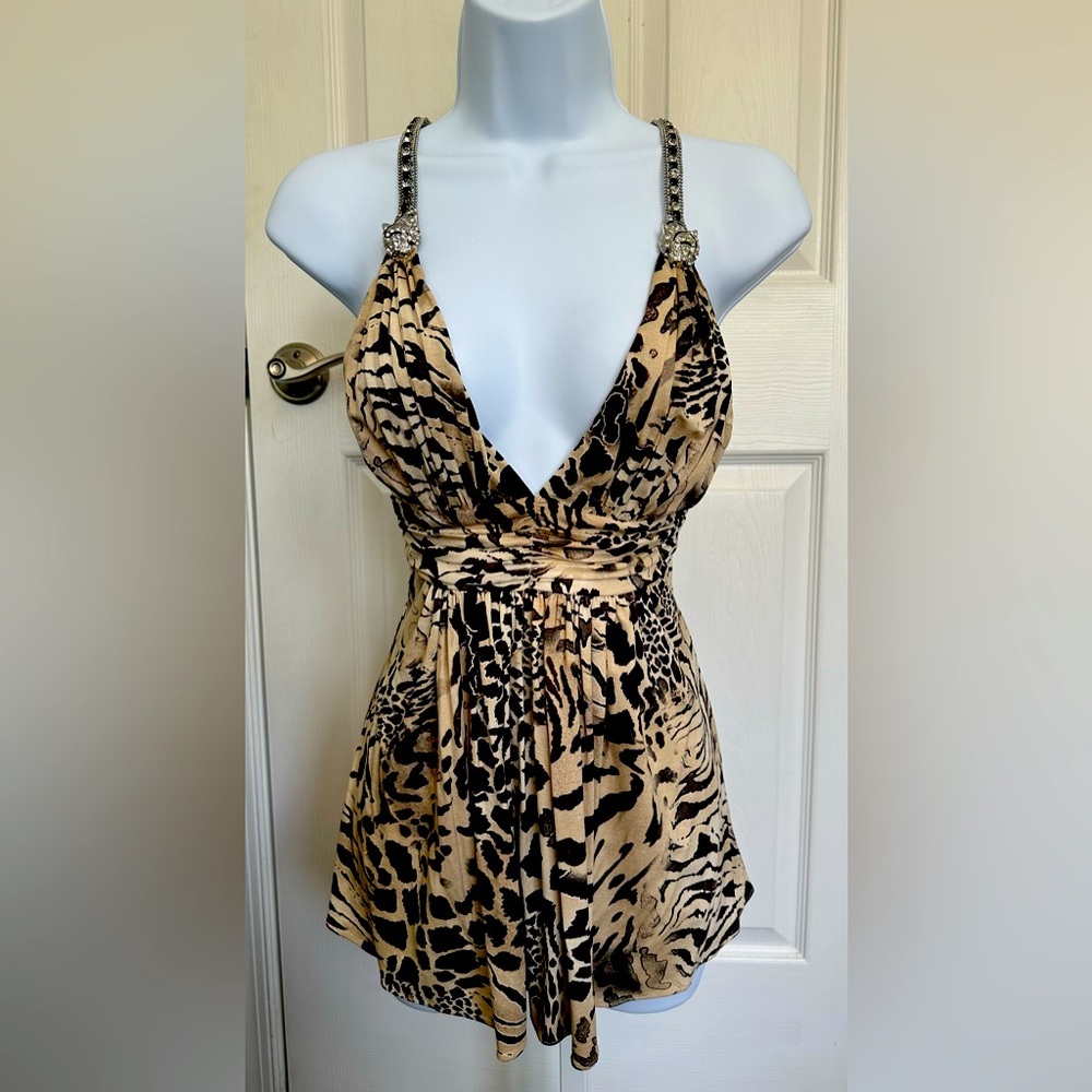 Sexy Sky brand animal print top, jaguar crystal stones strap. Sz small.
